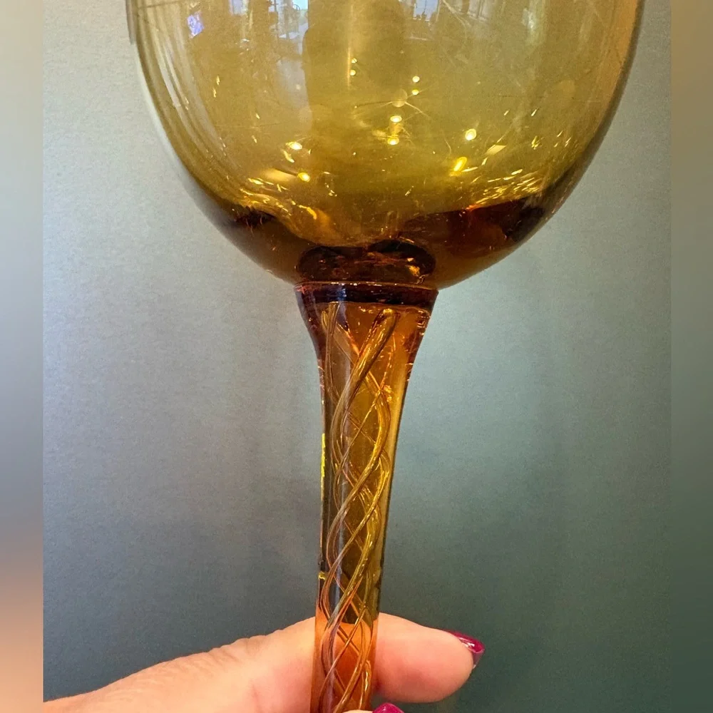 Vintage MCM Eisch Pirouette Amber Glasses, Air Twist Space Age Orbital Pattern 4